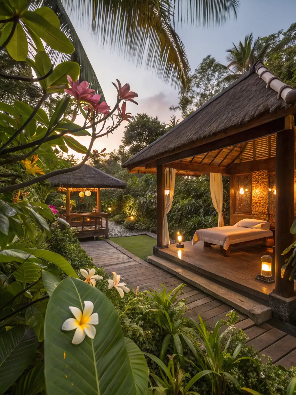A serene image of a luxurious spa in Bali, Indonesia, with lush greenery and tranquil water features, representing world-famous relaxation destinations.
