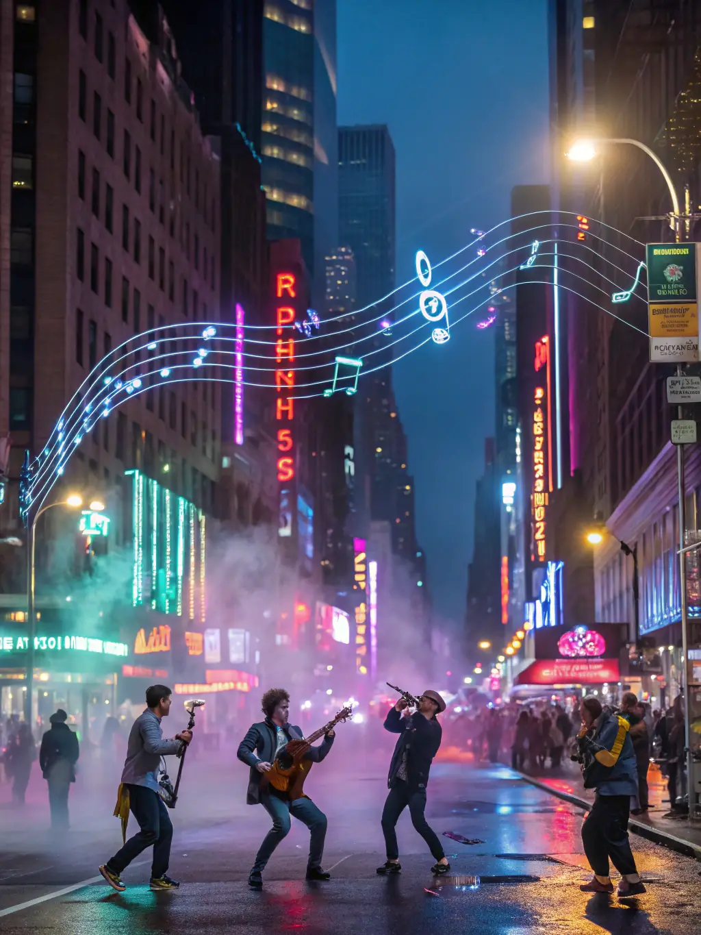 A captivating photo of a lively street performance in New York City, featuring musicians, dancers, and a diverse crowd, representing world-famous experiences.