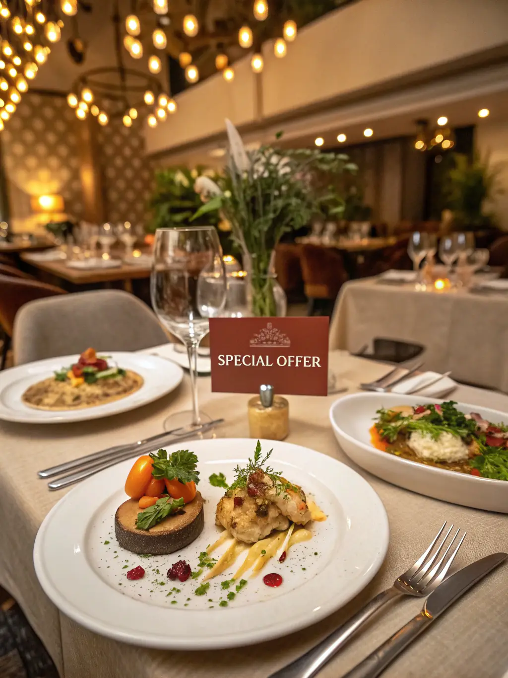 A Michelin-starred restaurant in Midtown Manhattan, New York City, with elegant decor, showcasing a beautifully plated dish, emphasizing the city's high-end dining options.