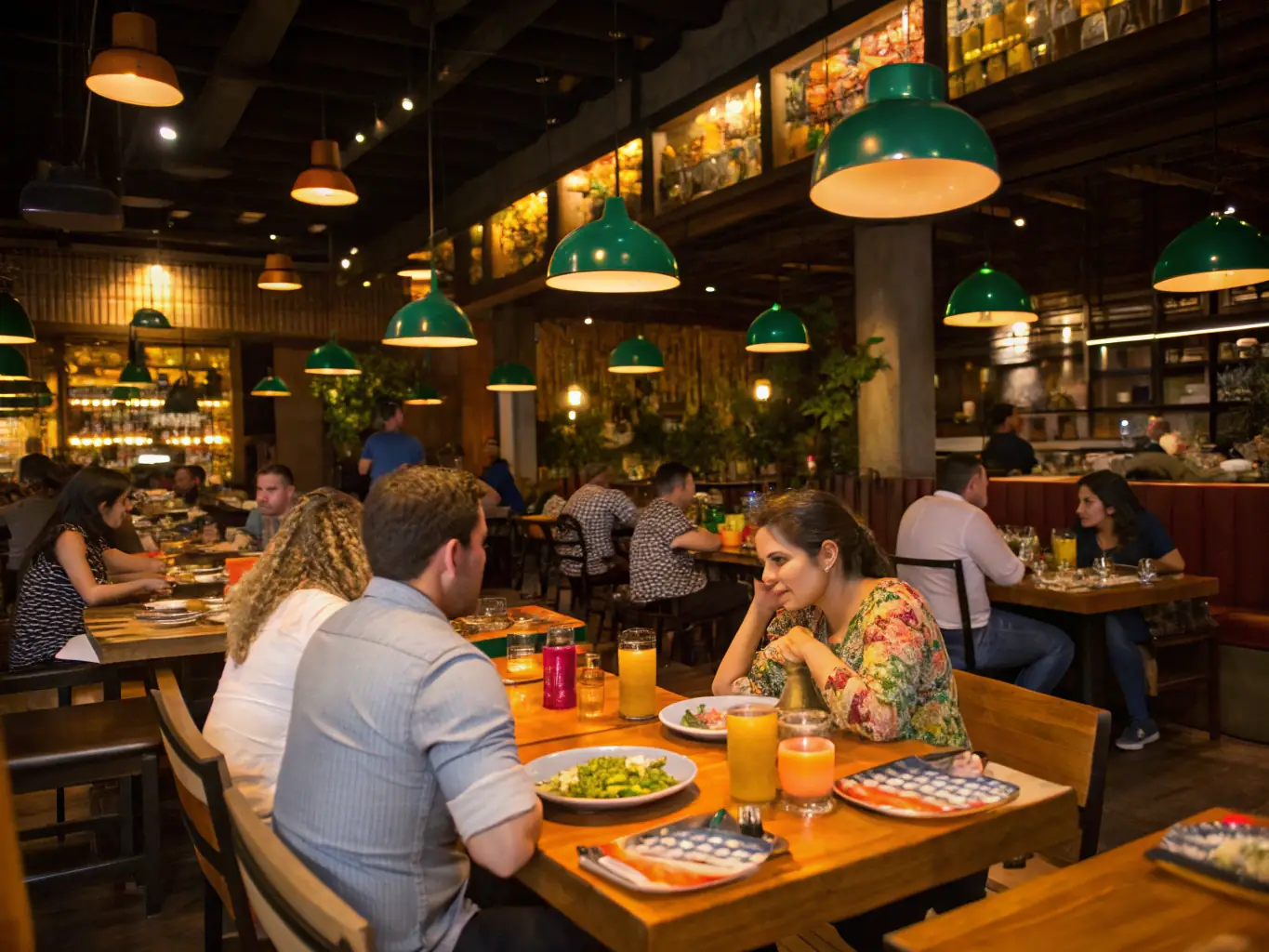 A vibrant image showcasing a bustling restaurant scene with diverse cuisines and happy diners, representing the 'Restaurants' category.