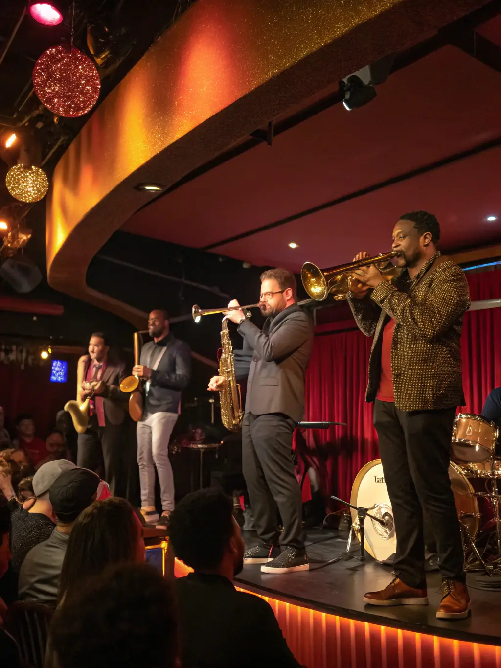 A lively scene from a jazz club in Greenwich Village, New York City, featuring musicians performing on stage and an enthusiastic audience enjoying the music.