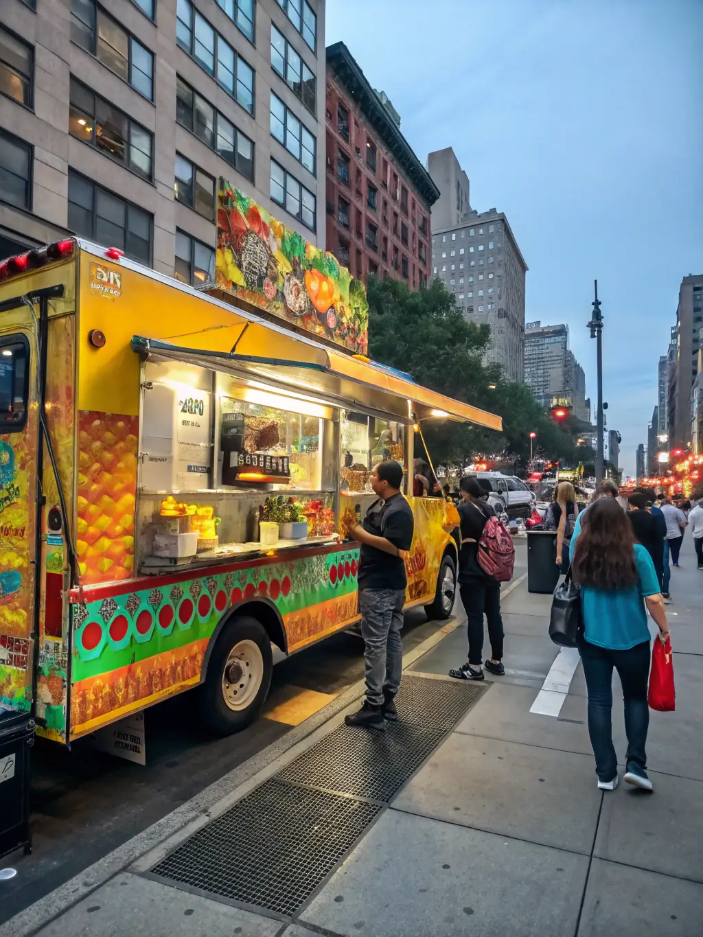 A vibrant food truck in Midtown Manhattan, New York City, serving halal food, with yellow taxi cabs and skyscrapers in the background, capturing the essence of New York's fast-paced culinary scene.