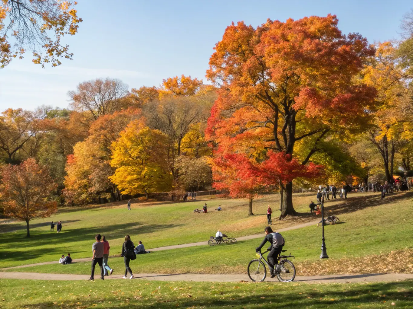 A serene, wide shot of Central Park in the fall, with colorful foliage, walking paths, and the city skyline in the distance. The image should evoke a sense of tranquility and natural beauty.