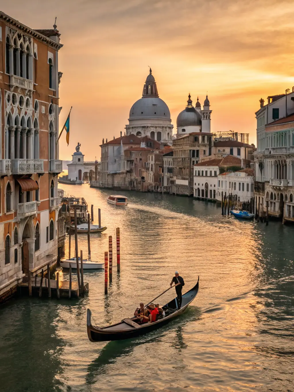 A serene image of a couple enjoying a gondola ride in Venice, Italy, with historic buildings lining the canals and reflecting in the water.