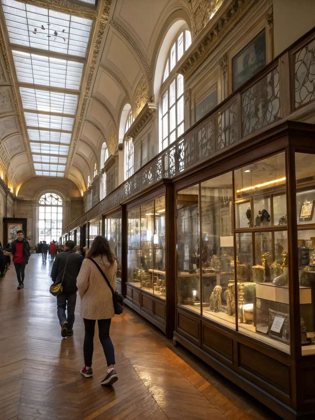 A photograph capturing the vibrant atmosphere inside the Metropolitan Museum of Art in New York City, showcasing visitors admiring famous artworks and sculptures.