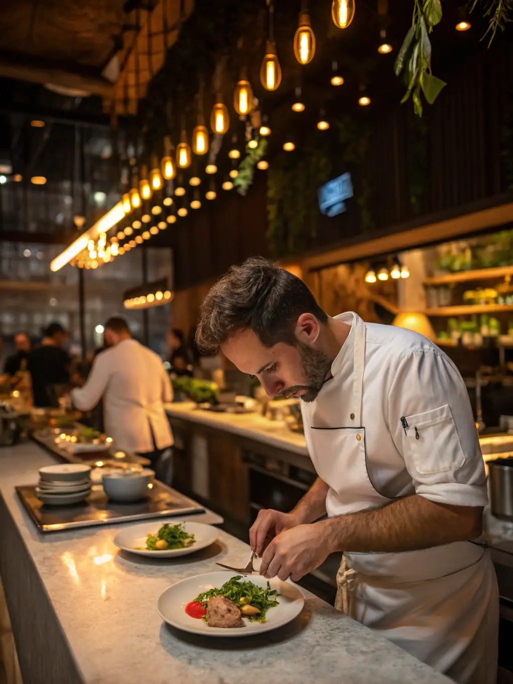 A modern, upscale restaurant in Tribeca, New York City, with an open kitchen, showcasing chefs preparing innovative dishes, highlighting the city's cutting-edge culinary scene.
