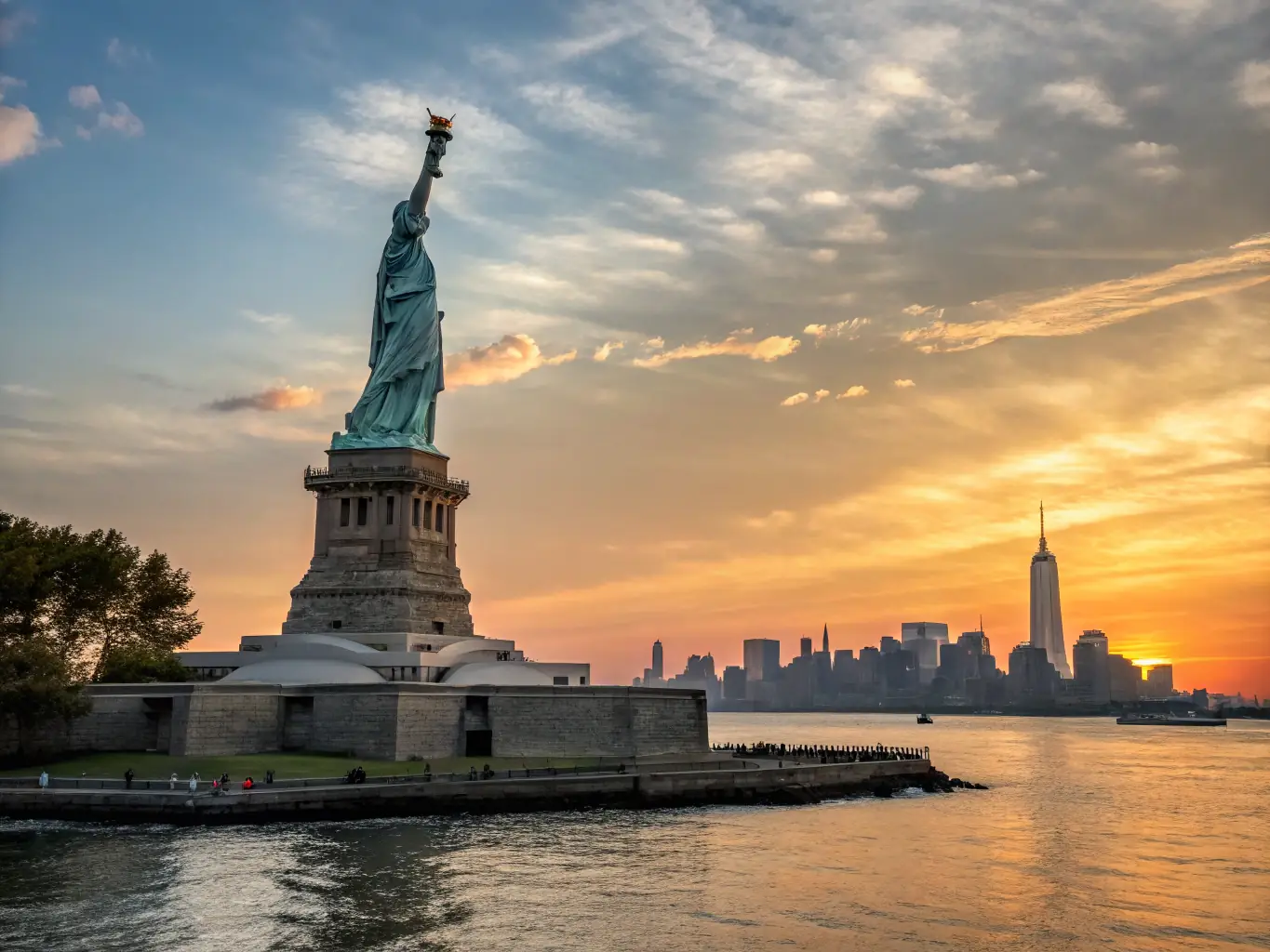 A high-angle, daytime shot of the Statue of Liberty, with the New York City skyline visible in the background, under a clear blue sky. The image should convey a sense of freedom and historical significance.