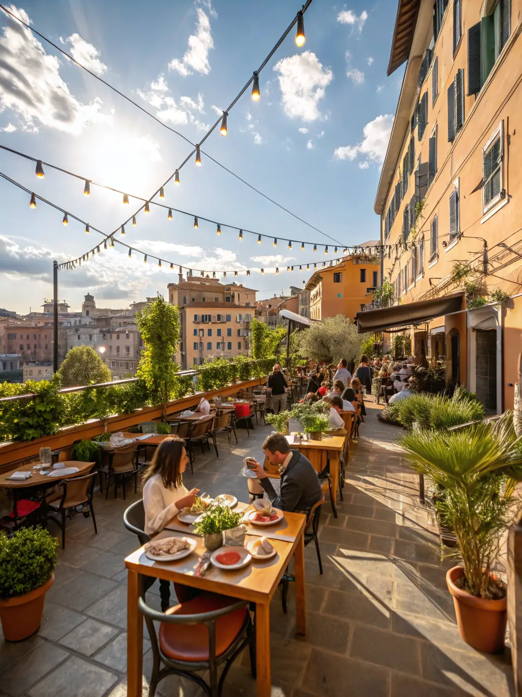 A cozy Italian restaurant in Little Italy, New York City, with outdoor seating, checkered tablecloths, and string lights, showcasing the neighborhood's rich culinary heritage.