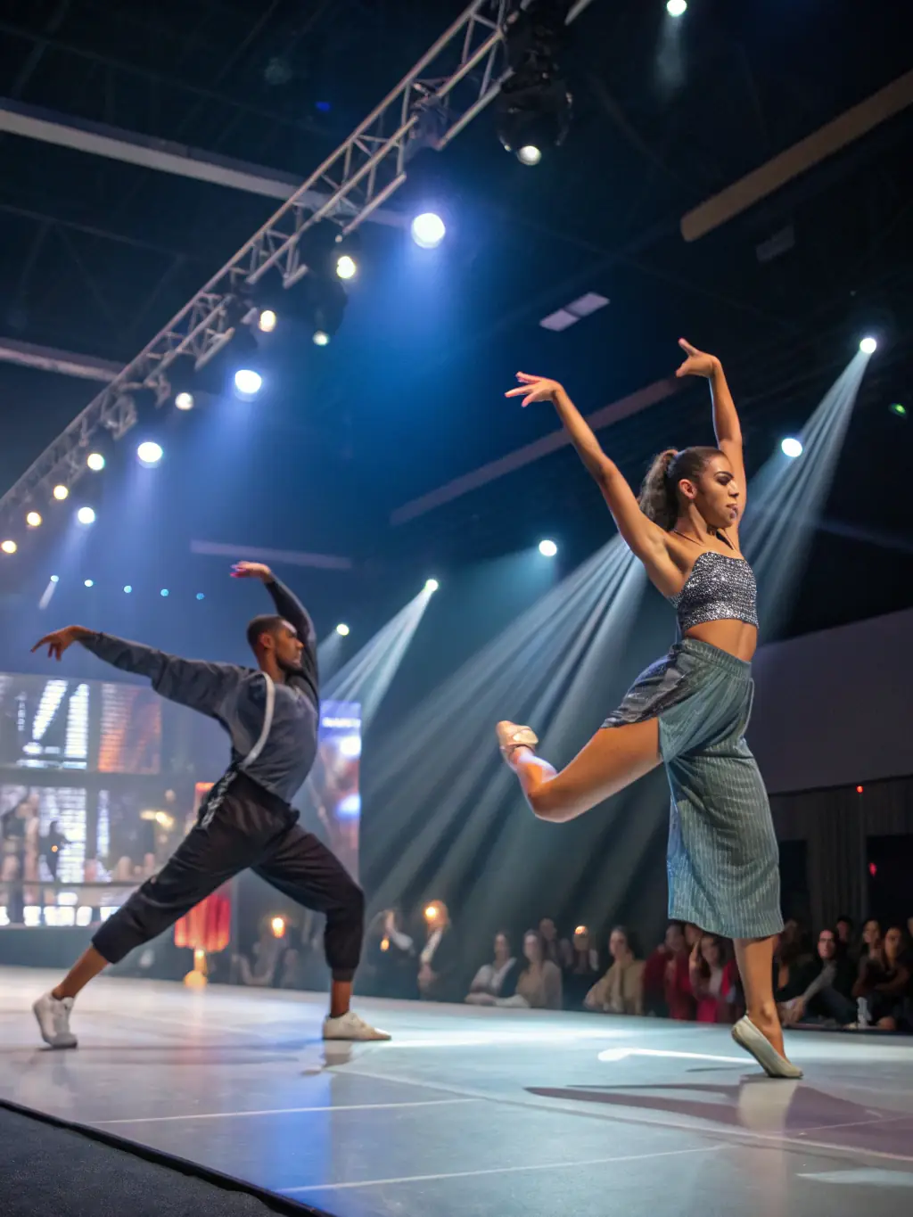 A dynamic shot of a performance at the Lincoln Center for the Performing Arts in New York City, showcasing ballet dancers or an orchestra in full swing.