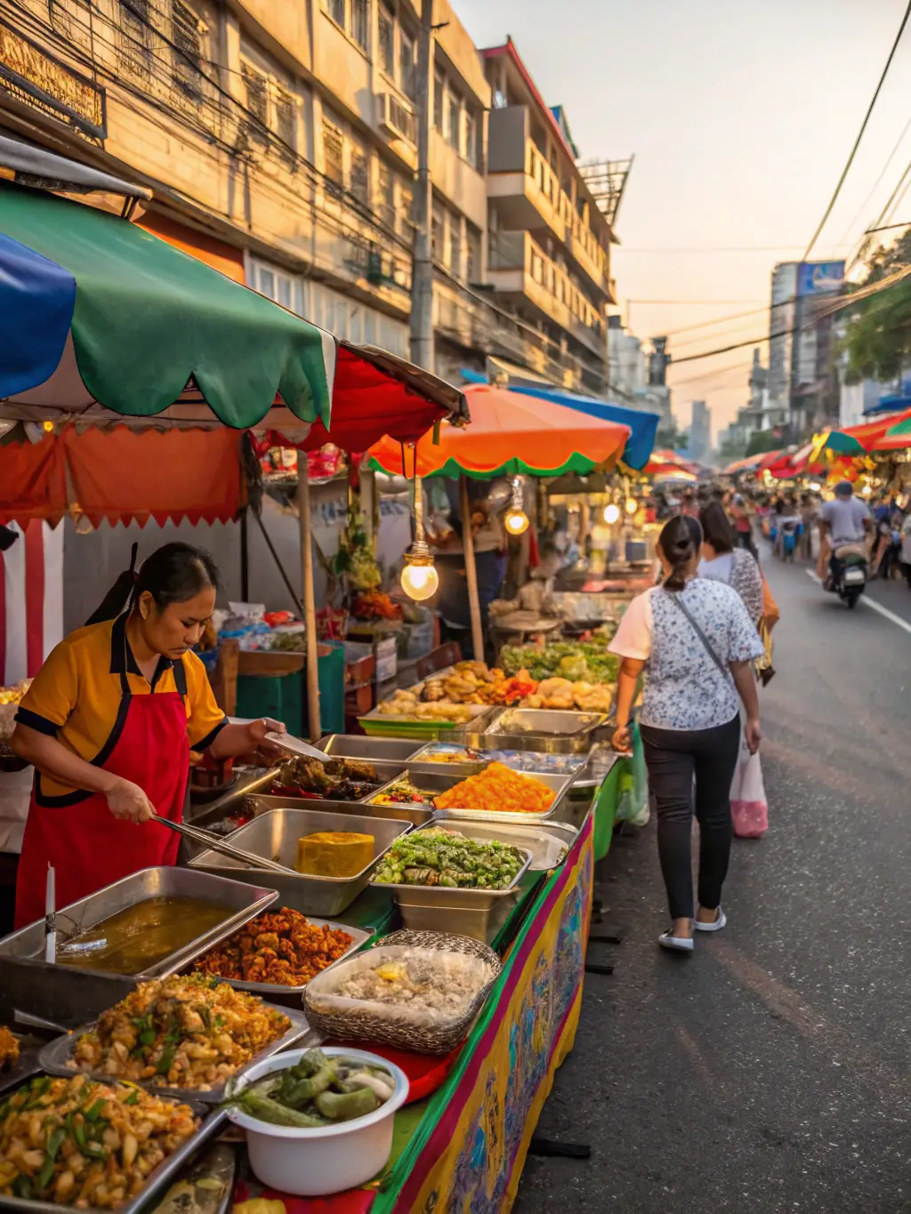 A lively image of a bustling street food market in Bangkok, Thailand, showcasing a variety of colorful dishes and vendors interacting with customers.