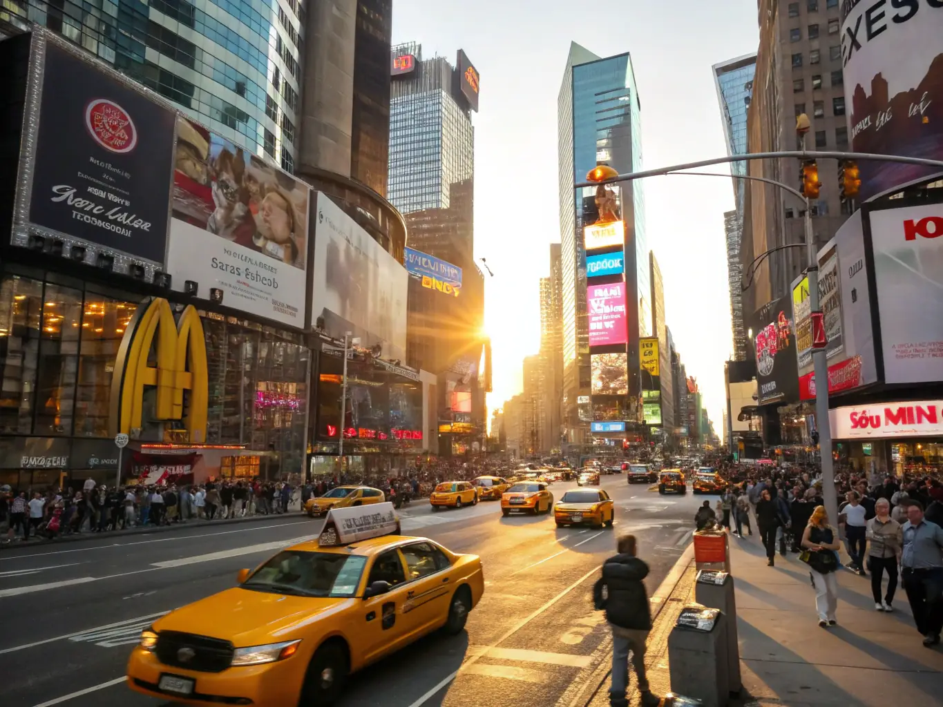 A vibrant, eye-level shot of Times Square at night, showcasing the bright billboards, bustling crowds, and yellow taxis. The image should capture the energy and excitement of this iconic location.